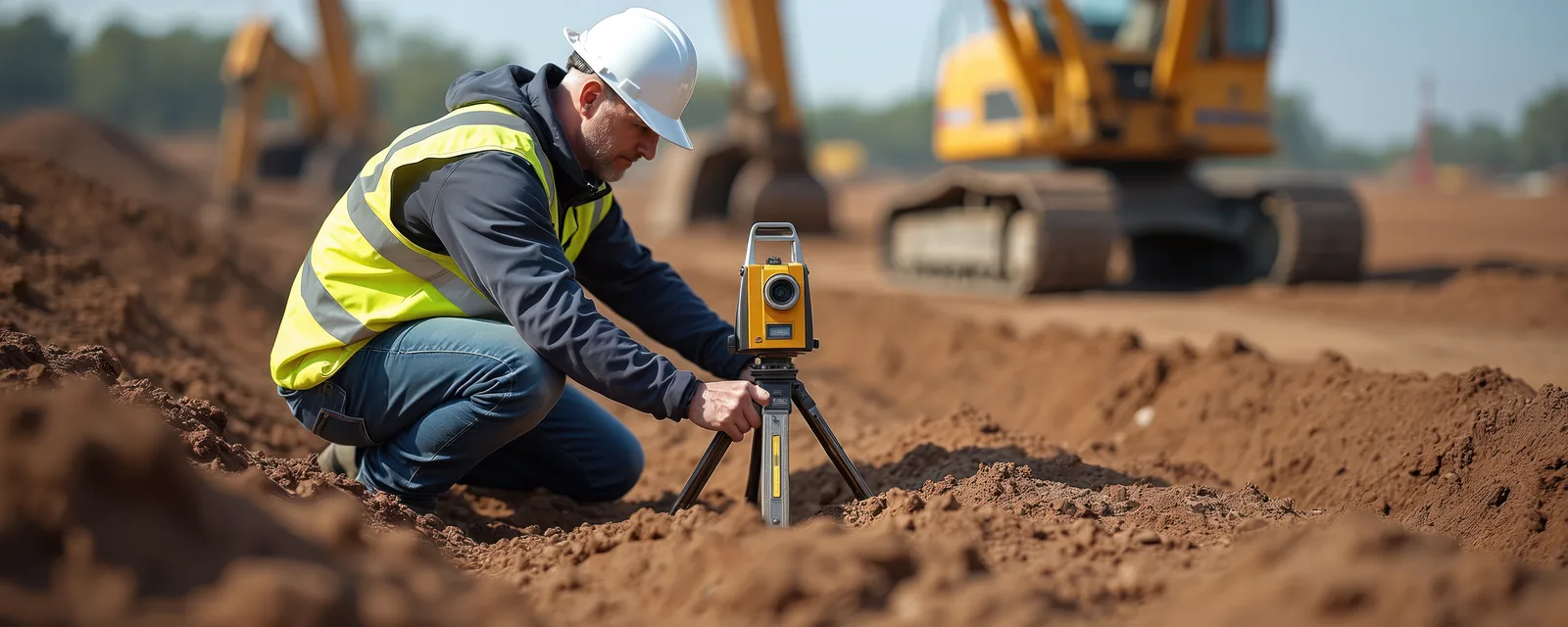 Worker setting up survey equipment on a tripod at an excavation site.